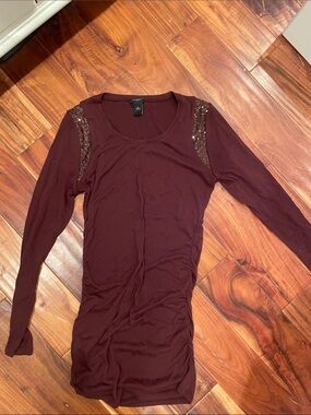 Ann Taylor Long Sleeve Sequin Shoulder Top — Burgundy